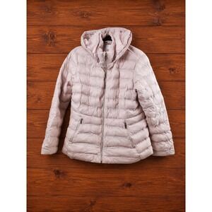 Womens Large Light Pink Hooded Puffer Jacket Gold Trim Packable Removable Hood